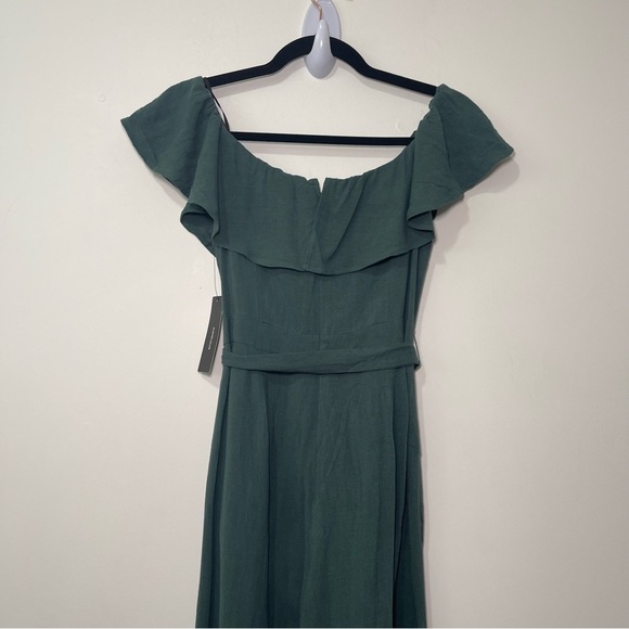 Lulus Women’s Green Off Shoulder Ruffle Maxi Dress in M NWT Belted Button Front - Picture 11 of 12